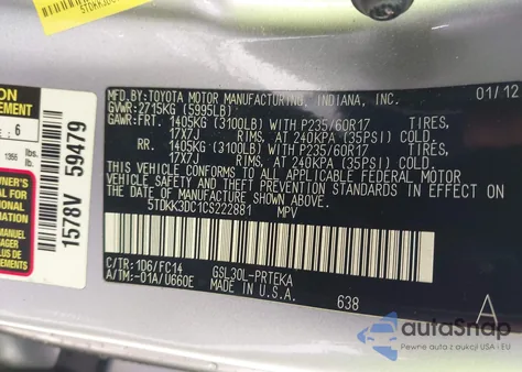 2012 Toyota Sienna Le V6 8 Passenger z USA, uszkodzony, nr VIN 5TDKK3DC1CS222881